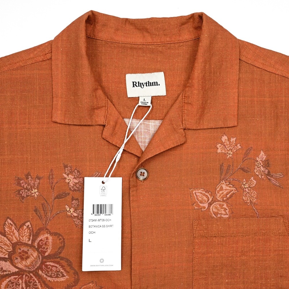 Rhythm Men's Botanica Hawaiian Floral Print Shirt Large Rust Button Up‎ S/S NWT